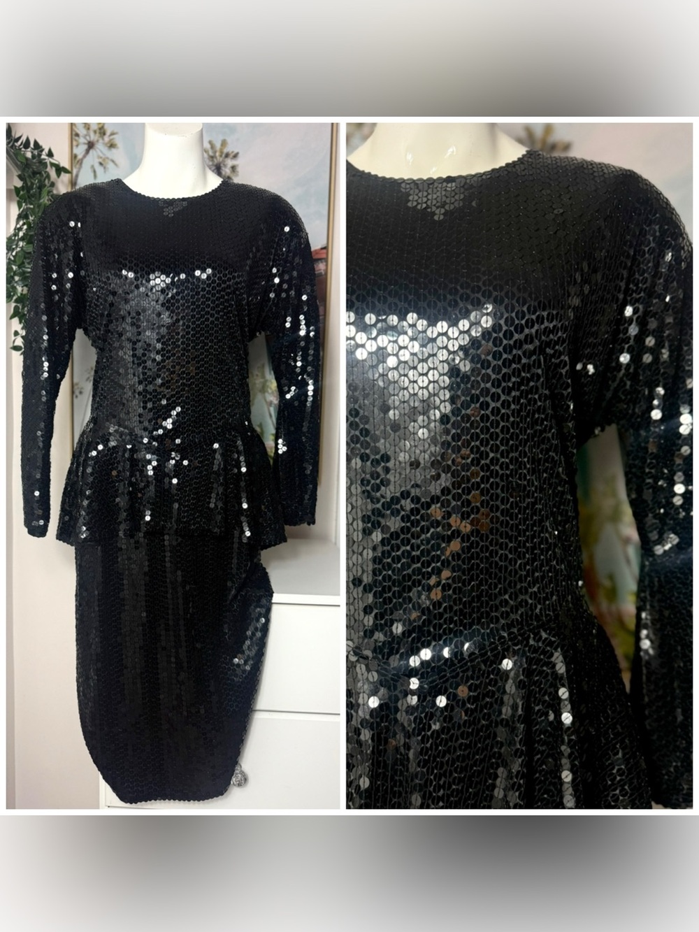 Vintage 80s Oleg Cassini Black Sequin Peplum Cocktail Dress Sz 14 Medium